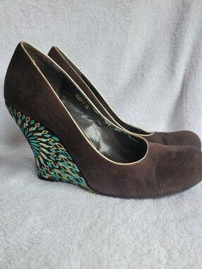 JUNO New York Brown Leather Suede Platform Wedges Turquoise Tapestry Heel Sz 38